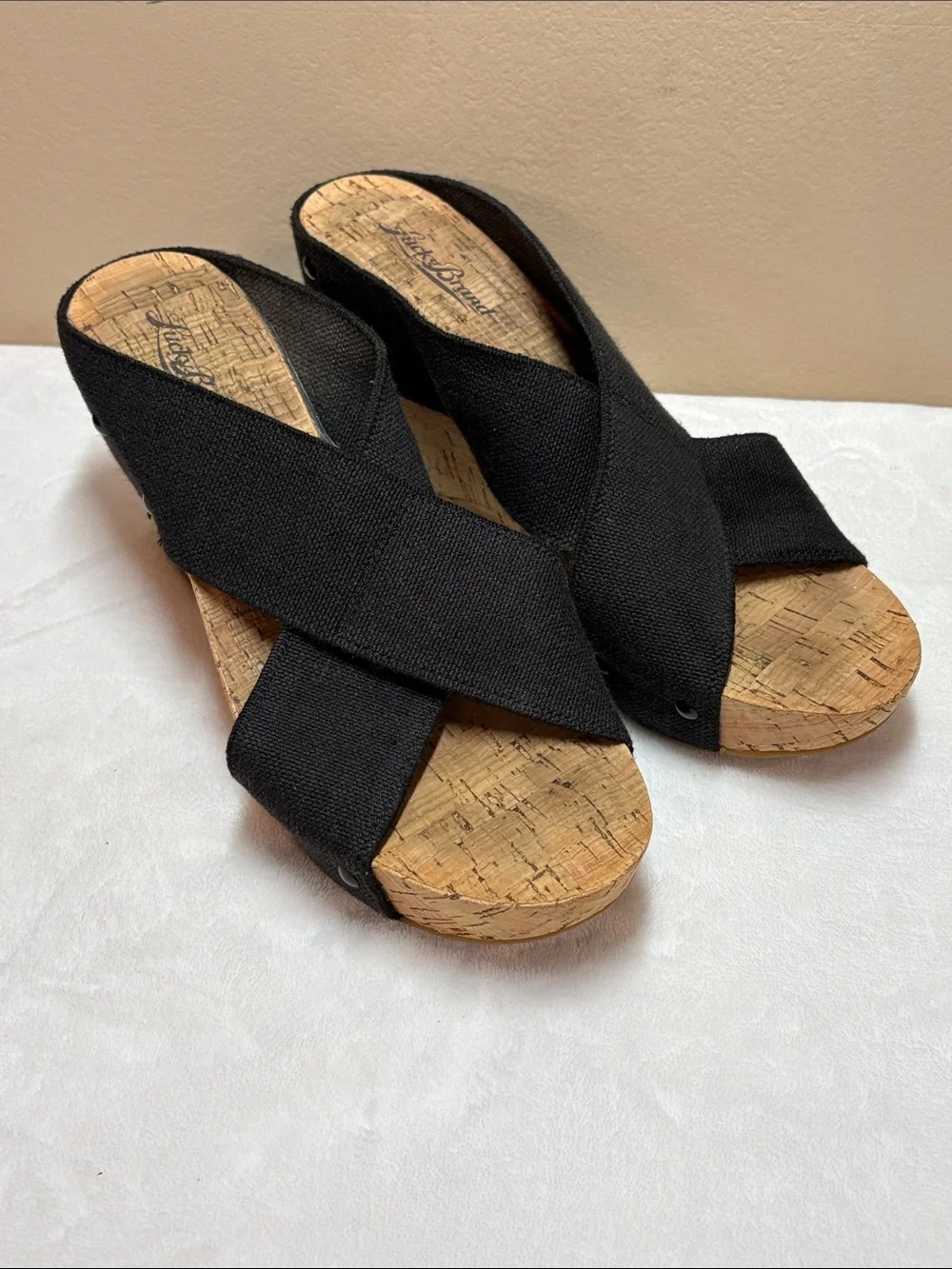 Lucky Brand Cross-Band Cork Miller Wedge Slide Sandals in Black, 9